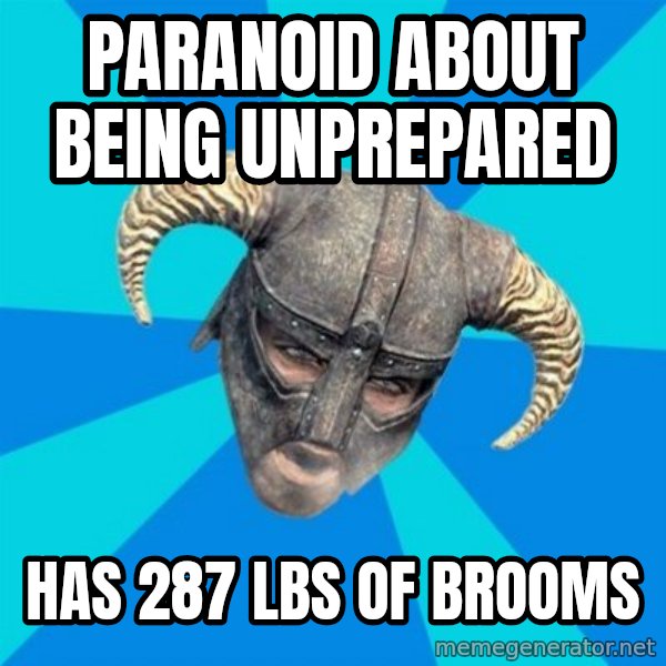skyrim stan meme: paranoid about being unprepared / has 287 lbs of brooms