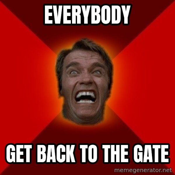 Angry Arnold meme: everybody / get back to the gate