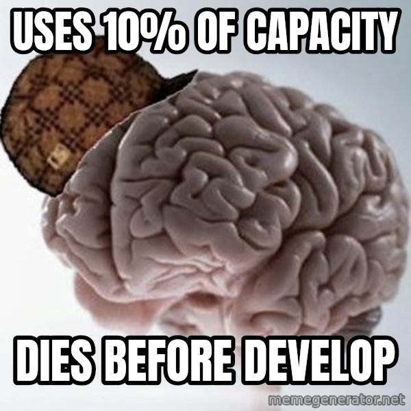 Scumbag Brain meme: uses 10% of capacity / dies before develop