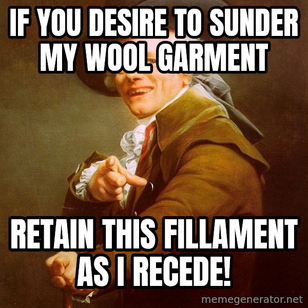 Joseph Ducreux meme: If you desire to sunder my wool garment / Retain this fillament as I recede!