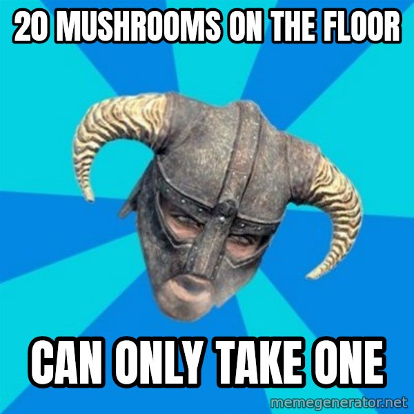 skyrim stan meme: 20 mushrooms on the floor / can only take one