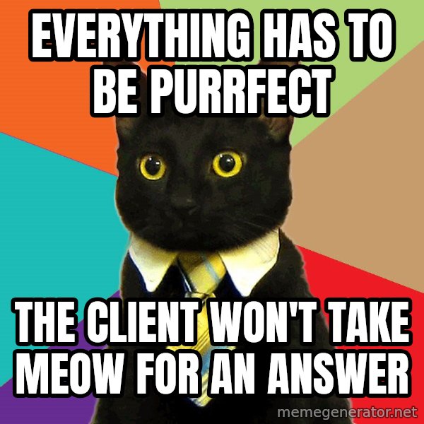 Business Cat meme: everything has to be purrfect / The client won't take meow for an answer