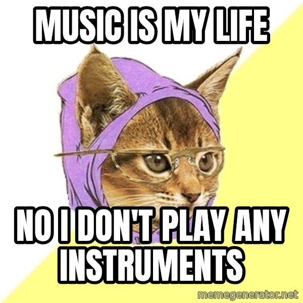Hipster Kitty meme: music is my life / No i don't play any instruments