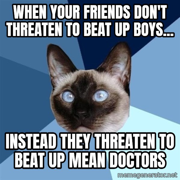 Chronic Illness Cat meme: wHEn your friends don't threaten to beat up boys... / instead they threaten to beat up mean doctors