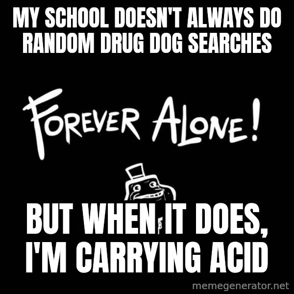 The Most Interesting Man In The World meme: My school Doesn't always do random drug dog searches / but when it does, I'm carrying acid