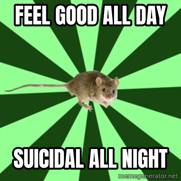 Mental Illness Mouse meme: feel good all day / suicidal all night