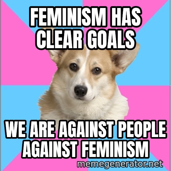 Critical Feminist Corgi meme: feminism has clear goals / we are against people against feminism