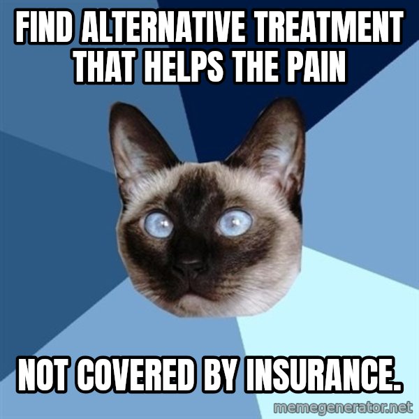 Chronic Illness Cat meme: FInd alternative treatment that helps the pain / not covered by insurance.