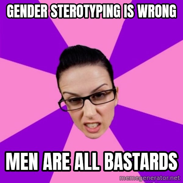 Privilege Denying Feminist meme: Gender sterotyping is wrong / MEN are all bastards