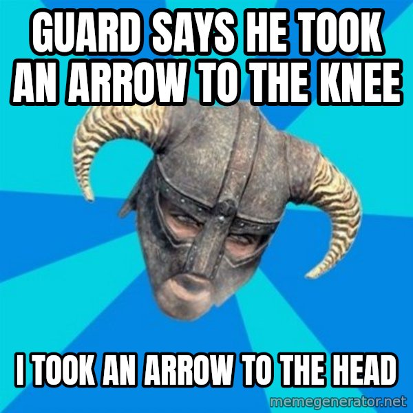 skyrim stan meme: Guard says he took an arrow to the knee / I took an arrow to the head