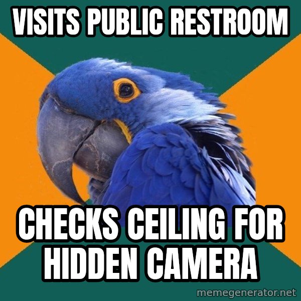 Paranoid Parrot meme: VISITS PUBLIC RESTROOM / cHECKS CEILING FOR HIDDEN cAMERA