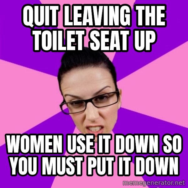 Privilege Denying Feminist meme: quit leaving the toilet seat up / women use it down so you must put it down