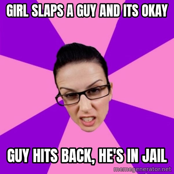 Privilege Denying Feminist meme: GIrl slaps a guy and its okay / Guy hits back, he's in jail