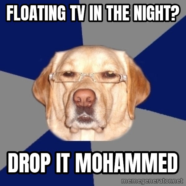 Racist Dog meme: floating tv in the night? / drop it mohammed