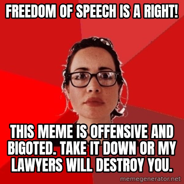 Liberal Douche Garofalo meme: freedom of speech is a right! / This meme is offensive and bigoted. take it down or my lawyers will destroy you.