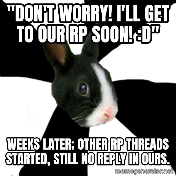 Roleplaying Rabbit meme: "Don't worry! i'll get to our rp soon! :D" / weeks later; other rp threads started, still no reply in ours.