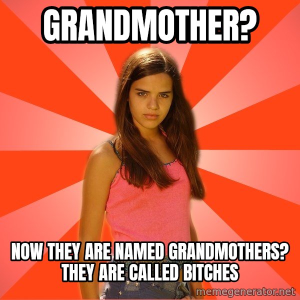 Jealous Girl meme: Grandmother? / now they are named grandmothers? they are called bitches