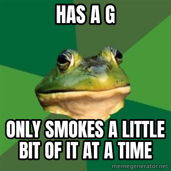 Foul Bachelor Frog meme: Has a g / only smokes a little bit of it at a time