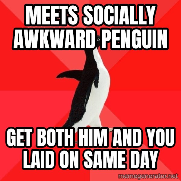 Socially Awesome Penguin meme: meets socially awkward penguin / get both him and you laid on same day