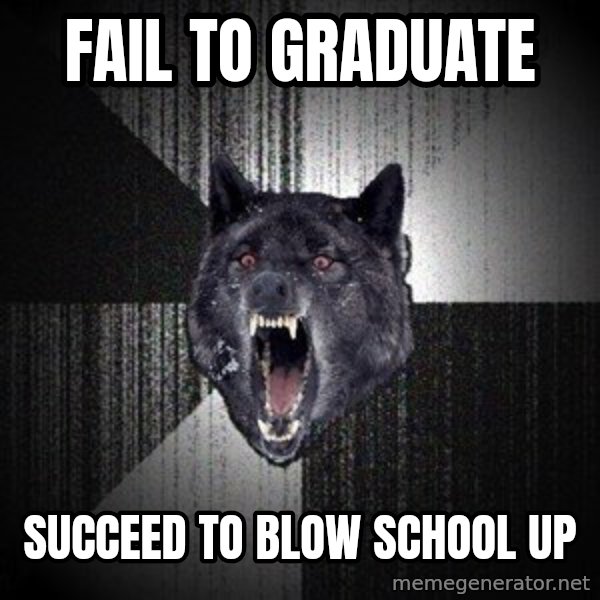 Insanity Wolf meme: FAIL TO GRADUATE / SuCCEED TO BLOW SCHOOL UP