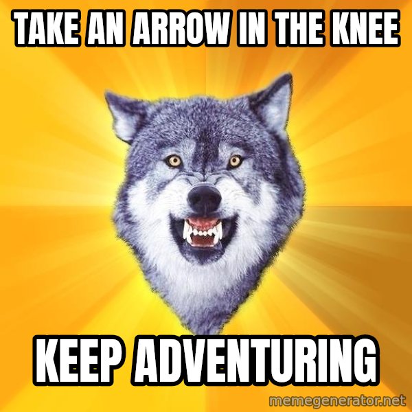 Courage Wolf meme: take an arrow in the knee / keep adventuring