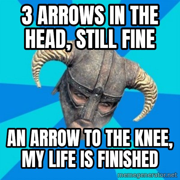 skyrim stan meme: 3 arrows in the head, still fine / an arrow to the knee, my life is finished