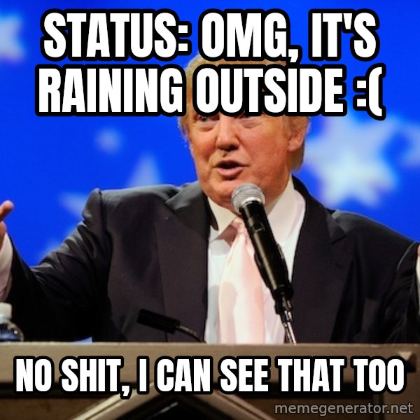 Annoying Facebook Girl meme: status: omg, it's raining outside :( / no shit, i can see that too