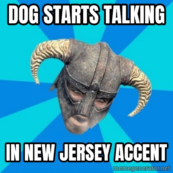 skyrim stan meme: DOG STARTS TALKING / In new jersey accent