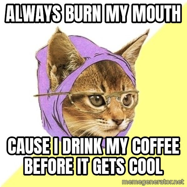 Hipster Kitty meme: Always burn my mouth / cause I drink my coffee before it gets cool