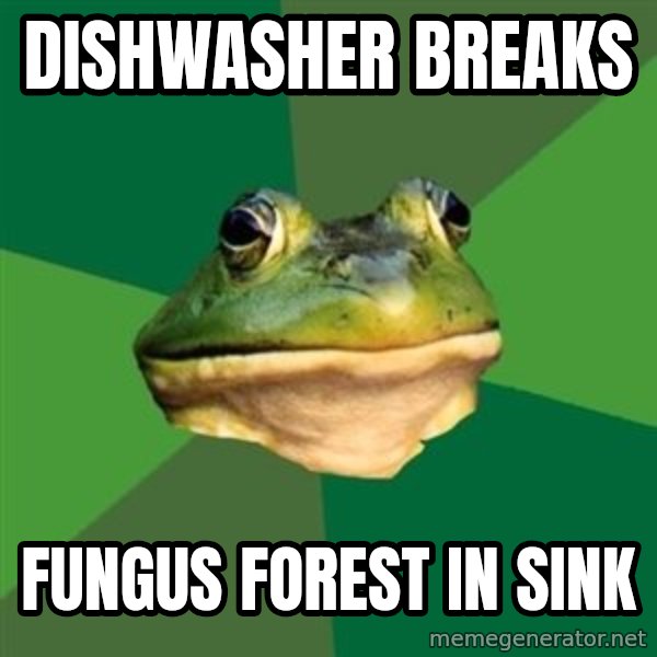 Foul Bachelor Frog meme: Dishwasher breaks / Fungus forest in sink
