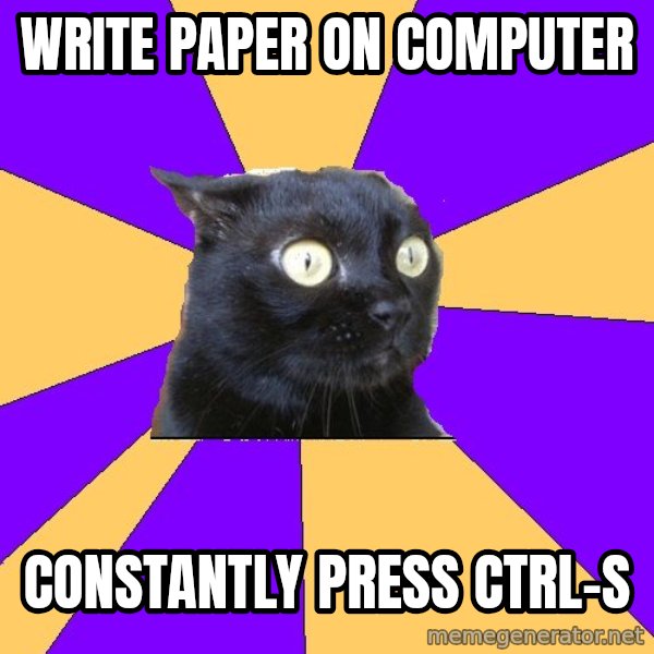 Anxiety Cat meme: Write paper on computer / constantly press Ctrl-s