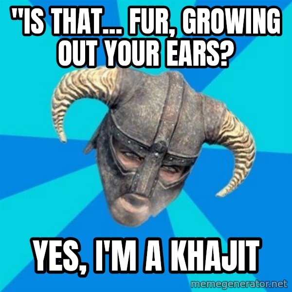skyrim stan meme: "Is that... fur, growing out your ears? / Yes, I'm a khajit
