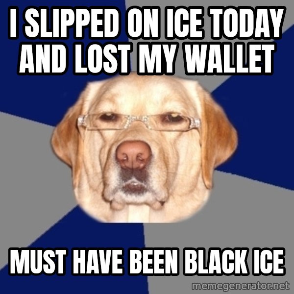 Racist Dawg meme: i slipped on ice today and lost my wallet / must have been black ice
