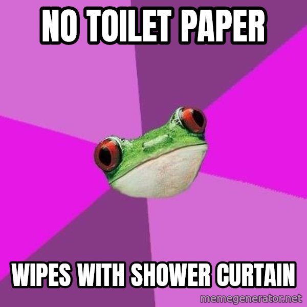 Foul Bachelorette Frog meme: no toilet paper / wipes with shower curtain