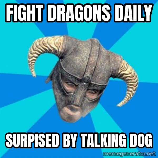 skyrim stan meme: fight dragons daily / surpised by talking dog