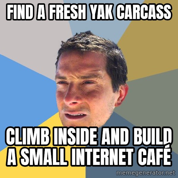 Bear Grylls meme: find a fresh yak carcass / climb inside and build a small internet café