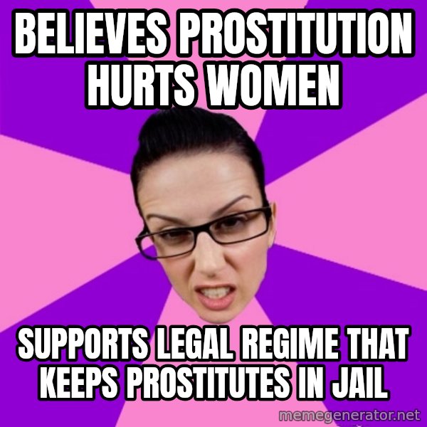 Privilege Denying Feminist meme: Believes prostitution hurts women / Supports legal regime that keeps prostitutes in jail
