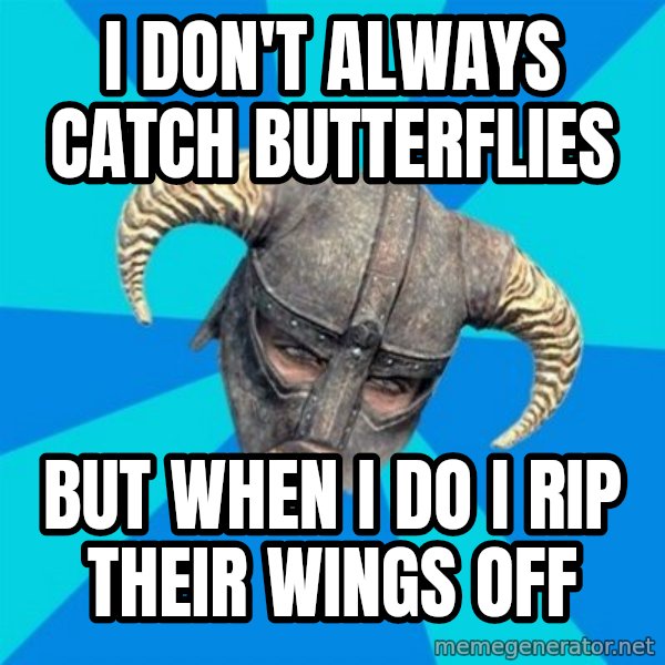 skyrim stan meme: I don't always catch butterflies / but when i do i rip their wings off
