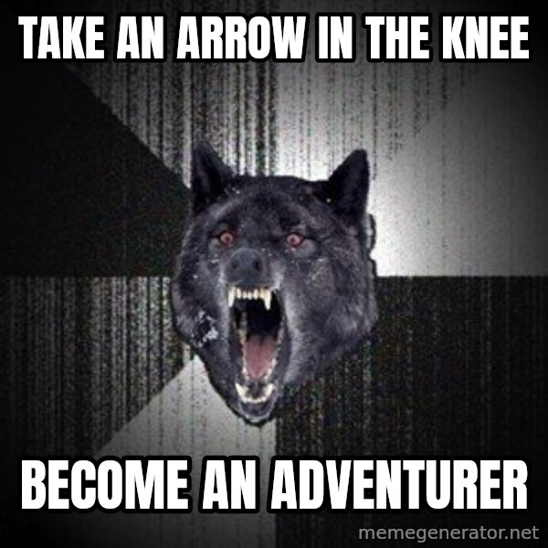 Insanity Wolf meme: take an arrow in the knee / become an adventurer