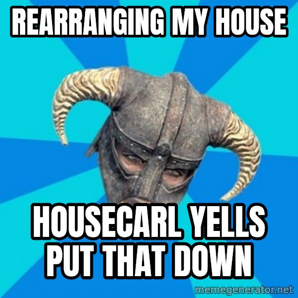 skyrim stan meme: rearranging my house / housecarl yells put that down
