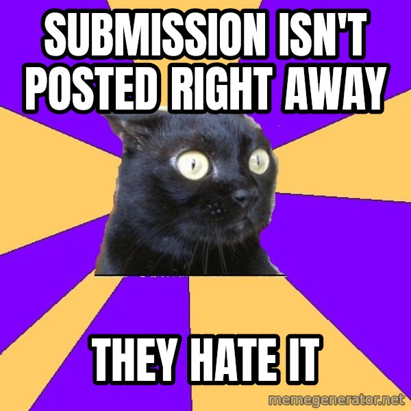 Anxiety Cat meme: submission isn't posted right away / they hate it