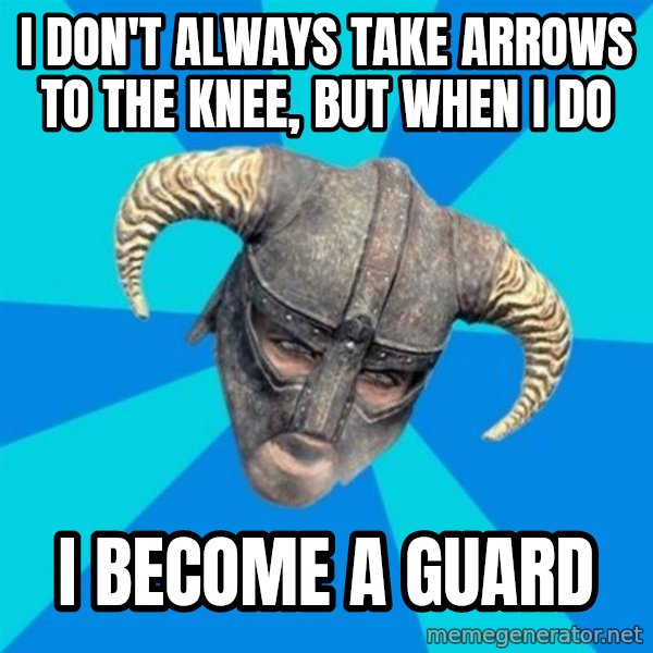 skyrim stan meme: I don't always take arrows to the knee, but when i do / i become a guard
