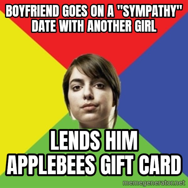 Non Jealous Girl meme: boyfriend goes on a "Sympathy" date with another girl / lends him applebees gift card