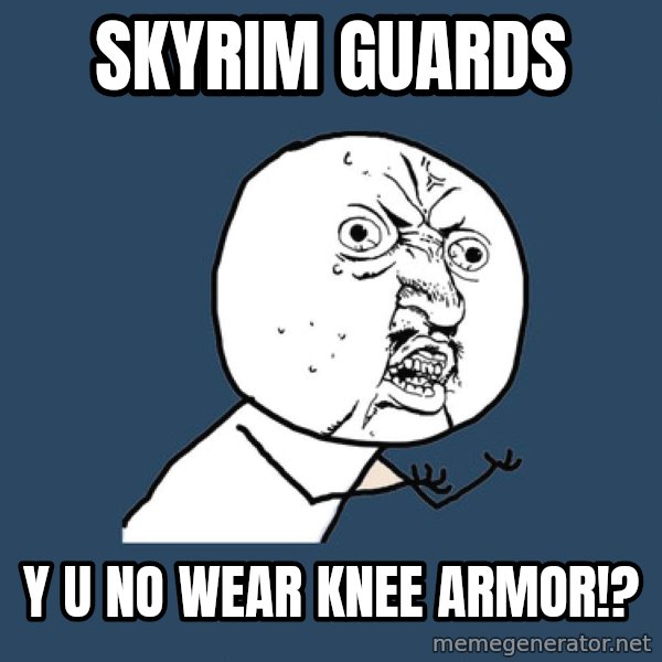 Y U No meme: skyrim guards / y u no wear knee armor!?