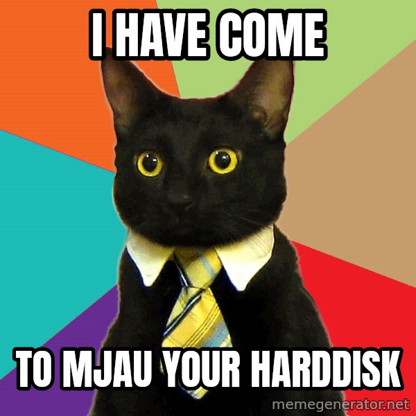 Business Cat meme: I have come / to mjau your harddisk