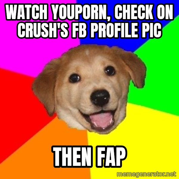 Advice Dog meme: watch youporn, check on crush's fb profile pic / then fap