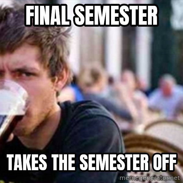 The Lazy College Senior meme: Final Semester / Takes the Semester off