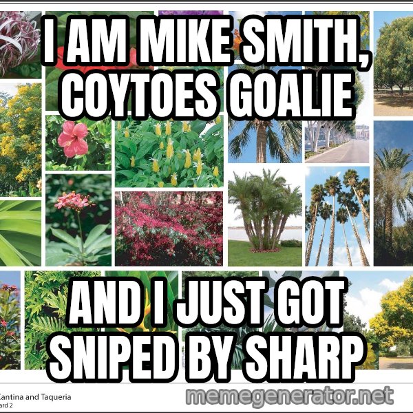 imageboard meme: I am mike smith, coytoes goalie / and I just got sniped by sharp