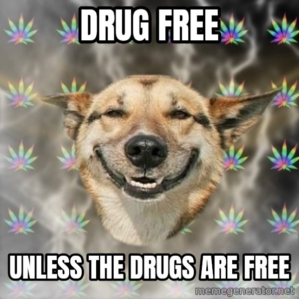 Stoner Dog meme: drug free / unless the drugs are free
