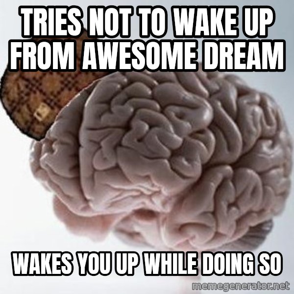 Scumbag Brain meme: tries not to wake up from awesome dream / wakes you up while doing so